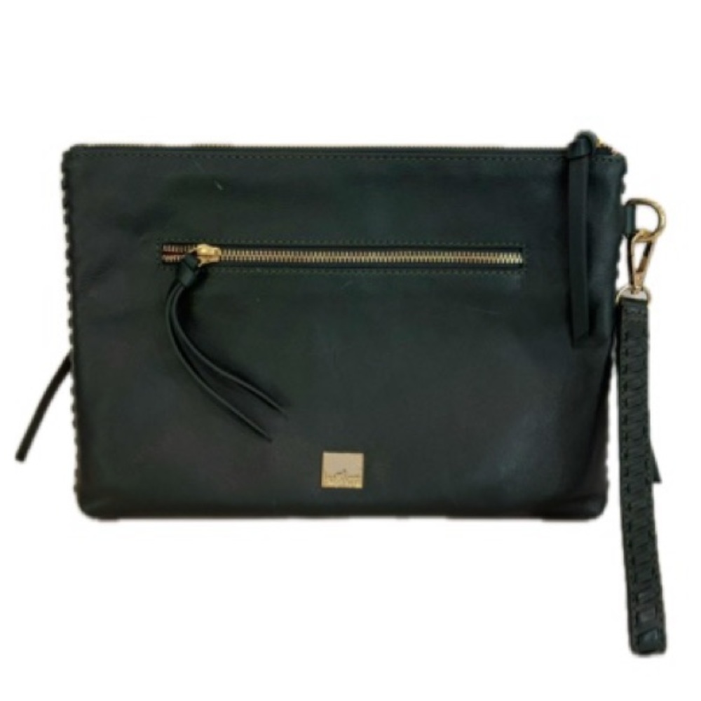 Kooba Emerald Green Leather Clutch Purse Bag Rectangular Large Wristlet Purse